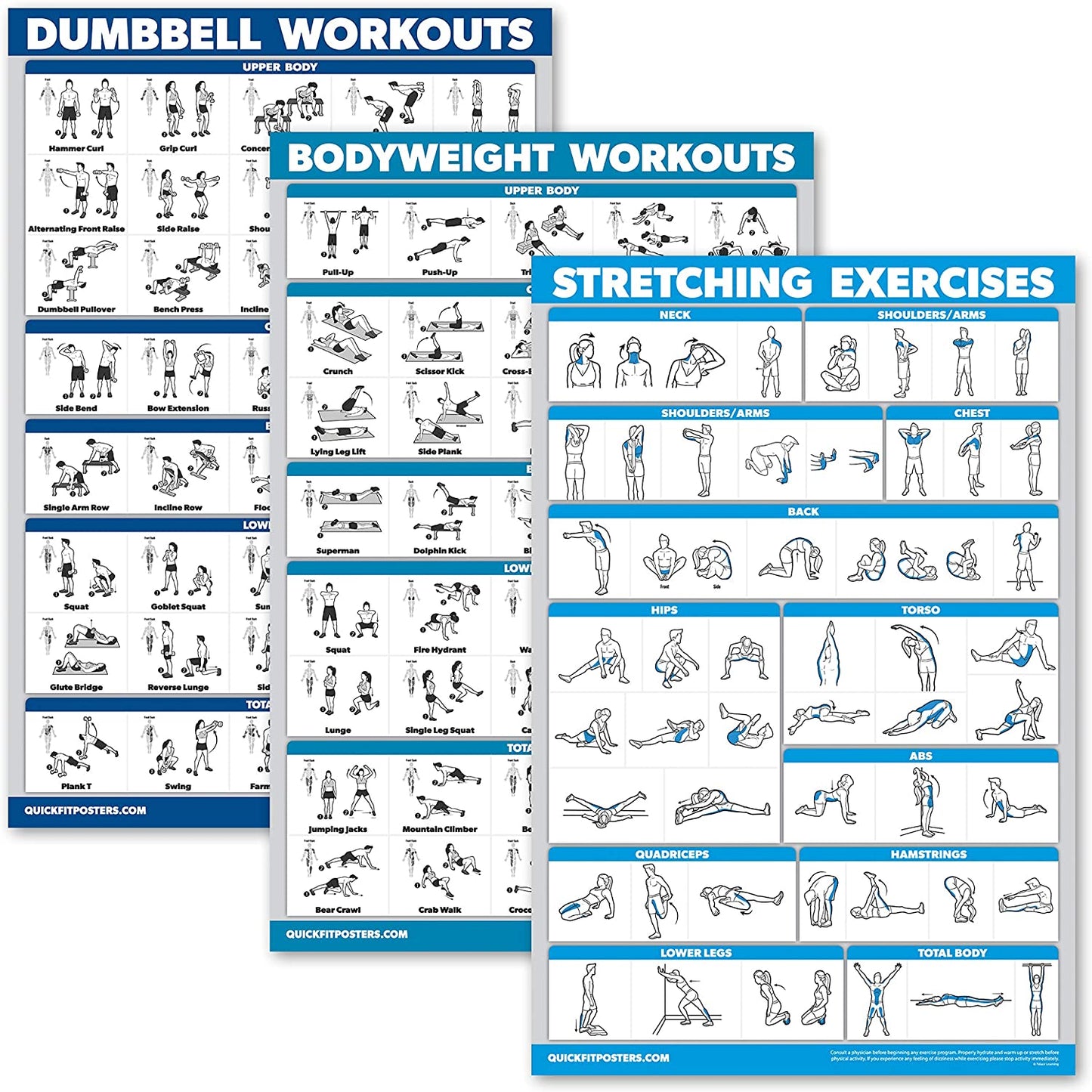 Ultimate 3-Pack Workout Posters: Dumbbell Exercises, Bodyweight Routines & Stretching Guide - 18" X 24" Laminated Charts