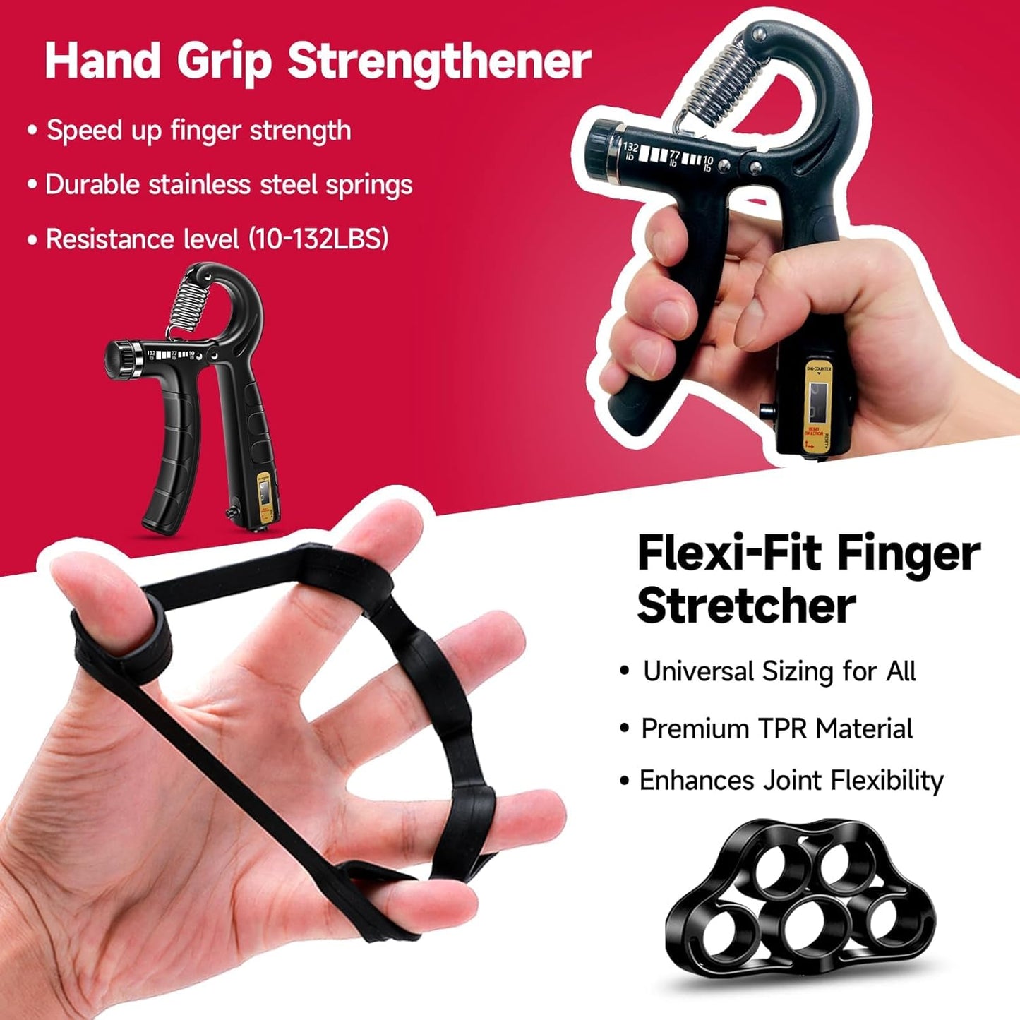 Ultimate Hand Grip Strengthener Kit - 5 Essential Tools for Athletes: Adjustable Resistance Grippers, Finger Stretcher, Grip Ring & Stress Ball