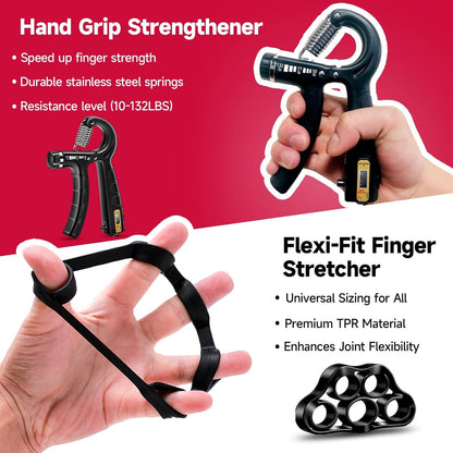 Ultimate Hand Grip Strengthener Kit - 5 Essential Tools for Athletes: Adjustable Resistance Grippers, Finger Stretcher, Grip Ring & Stress Ball