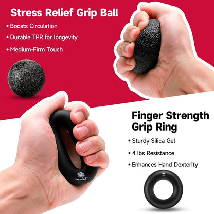 Ultimate Hand Grip Strengthener Kit - 5 Essential Tools for Athletes: Adjustable Resistance Grippers, Finger Stretcher, Grip Ring & Stress Ball