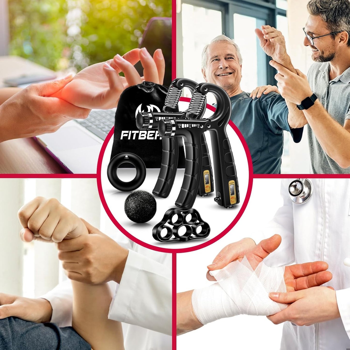 Ultimate Hand Grip Strengthener Kit - 5 Essential Tools for Athletes: Adjustable Resistance Grippers, Finger Stretcher, Grip Ring & Stress Ball