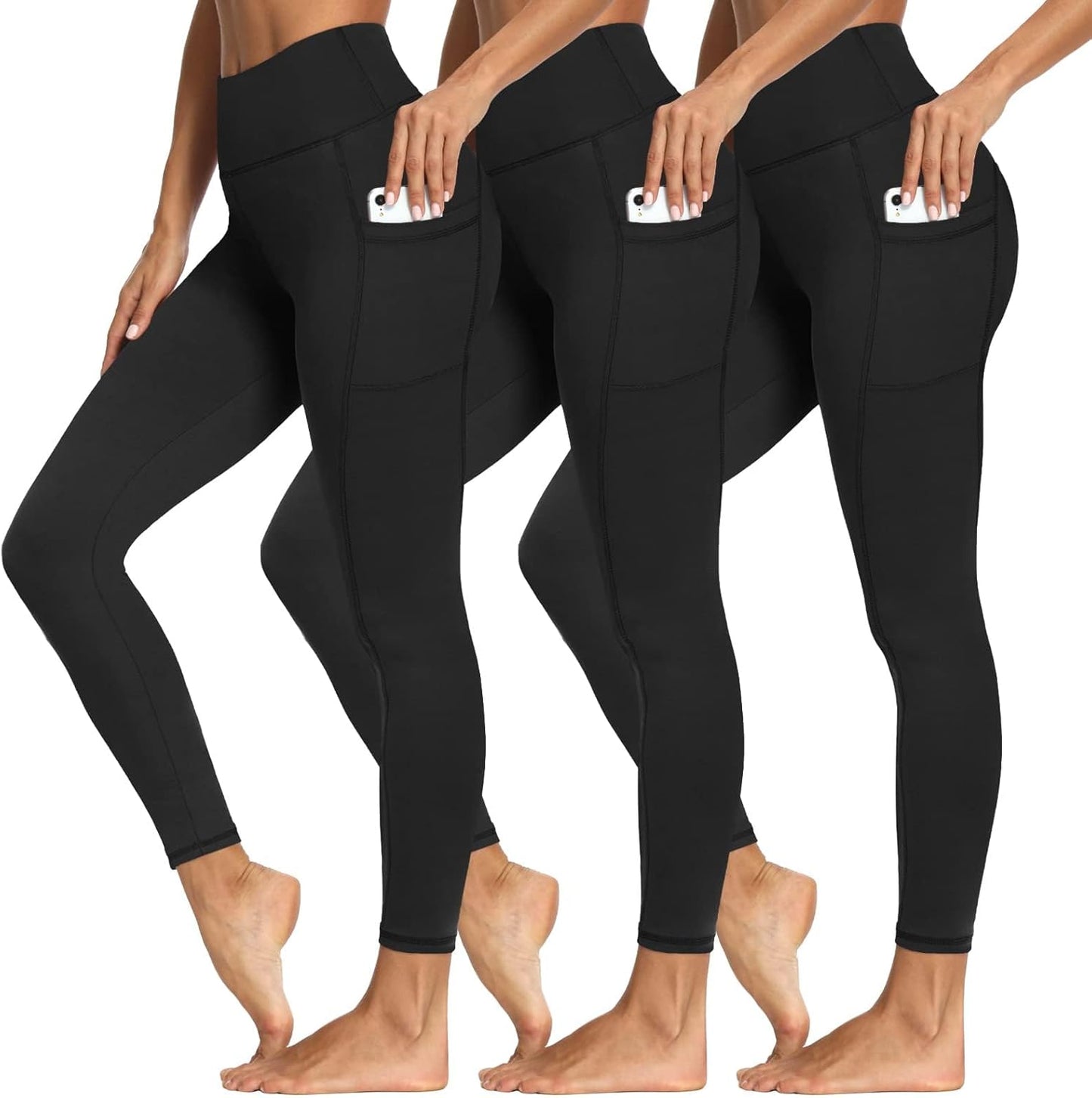 High Waisted Tummy Control Leggings for Women - 3 Pack with Pockets, Perfect for Workout & Yoga